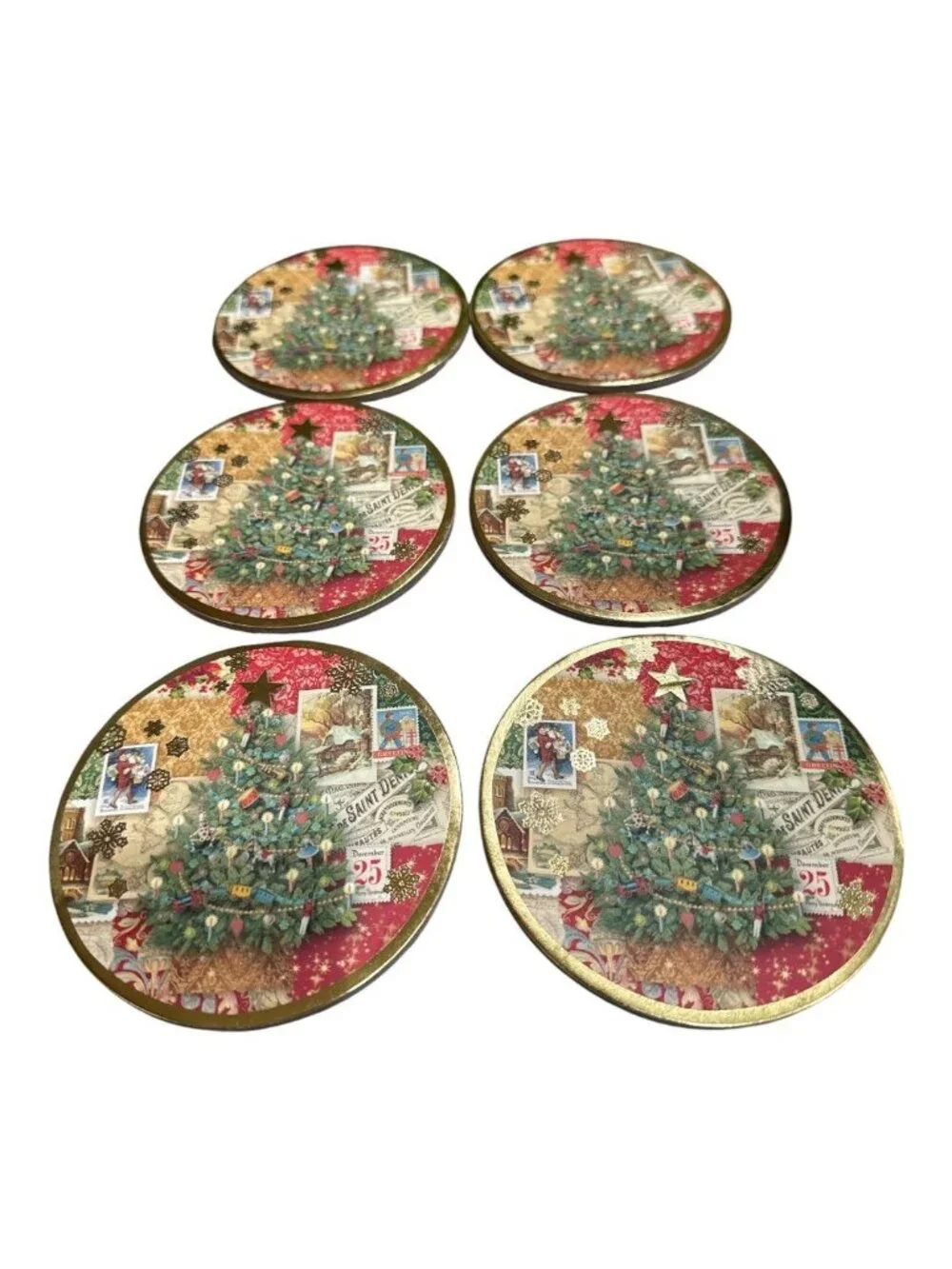 Punch Studio Christmas Tree Coasters Set Of 6 Round Festive Holiday Design 4